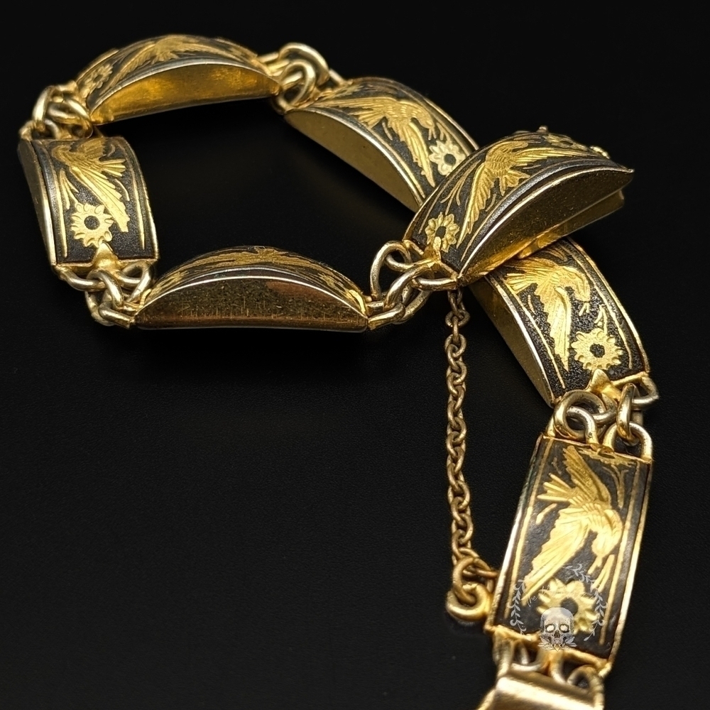 Vintage Spanish Damascene Engraved Gold and Steel Bracelet with Safety Chain